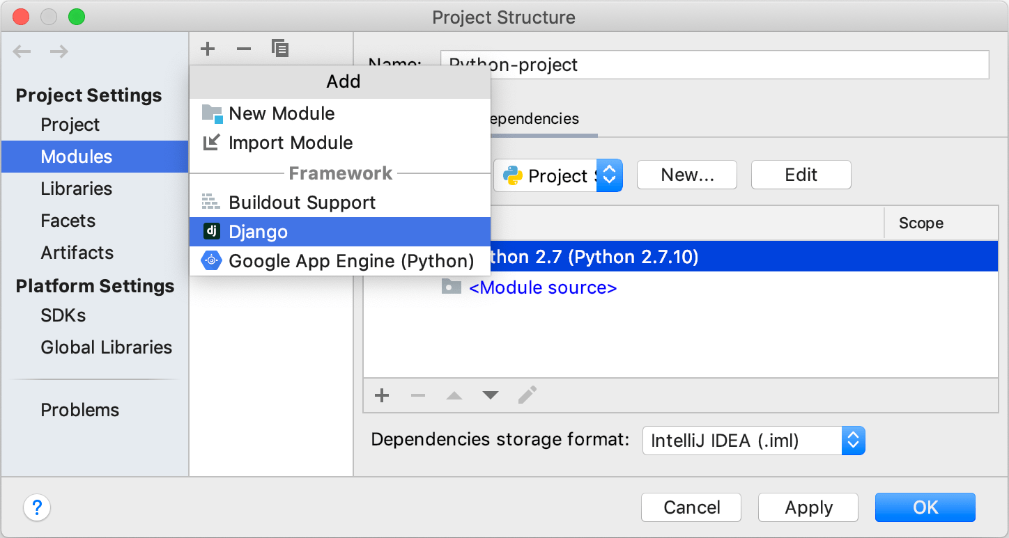 Adding Django support to a module in the Project Structure dialog